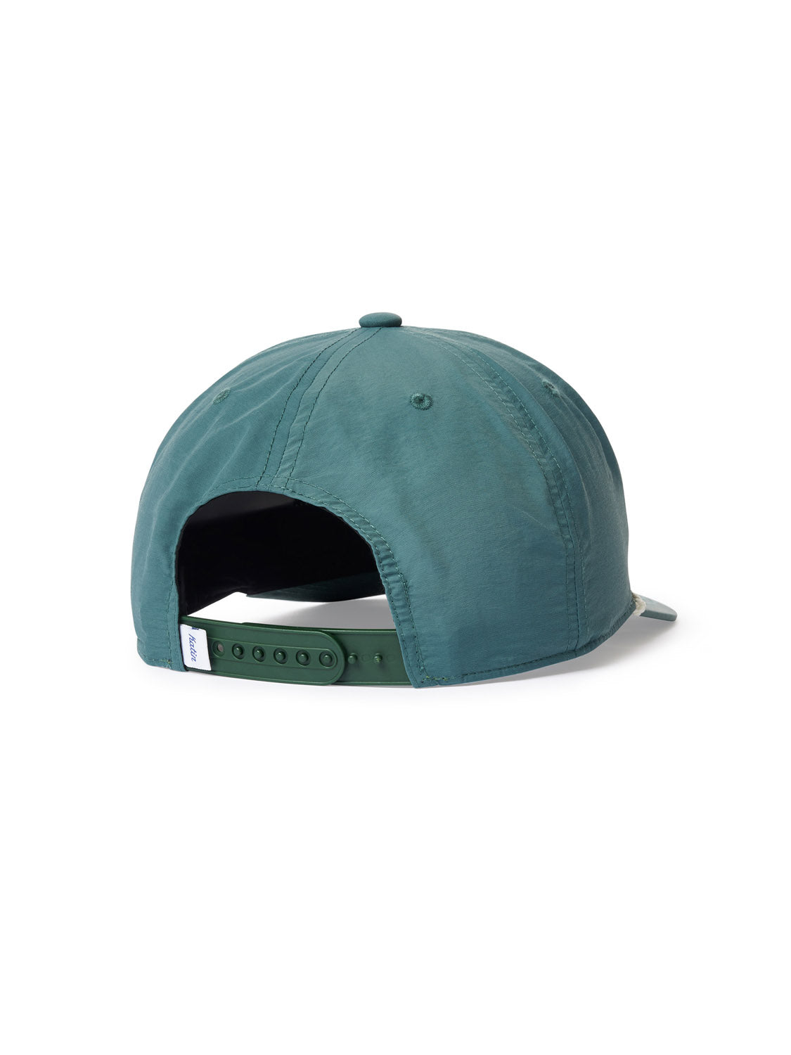 The Katin Cast Off Hat by Katin is a teal 5-panel cap, shown from the back with a snapback closure and fabric top button, made from recycled nylon, set against a white background.