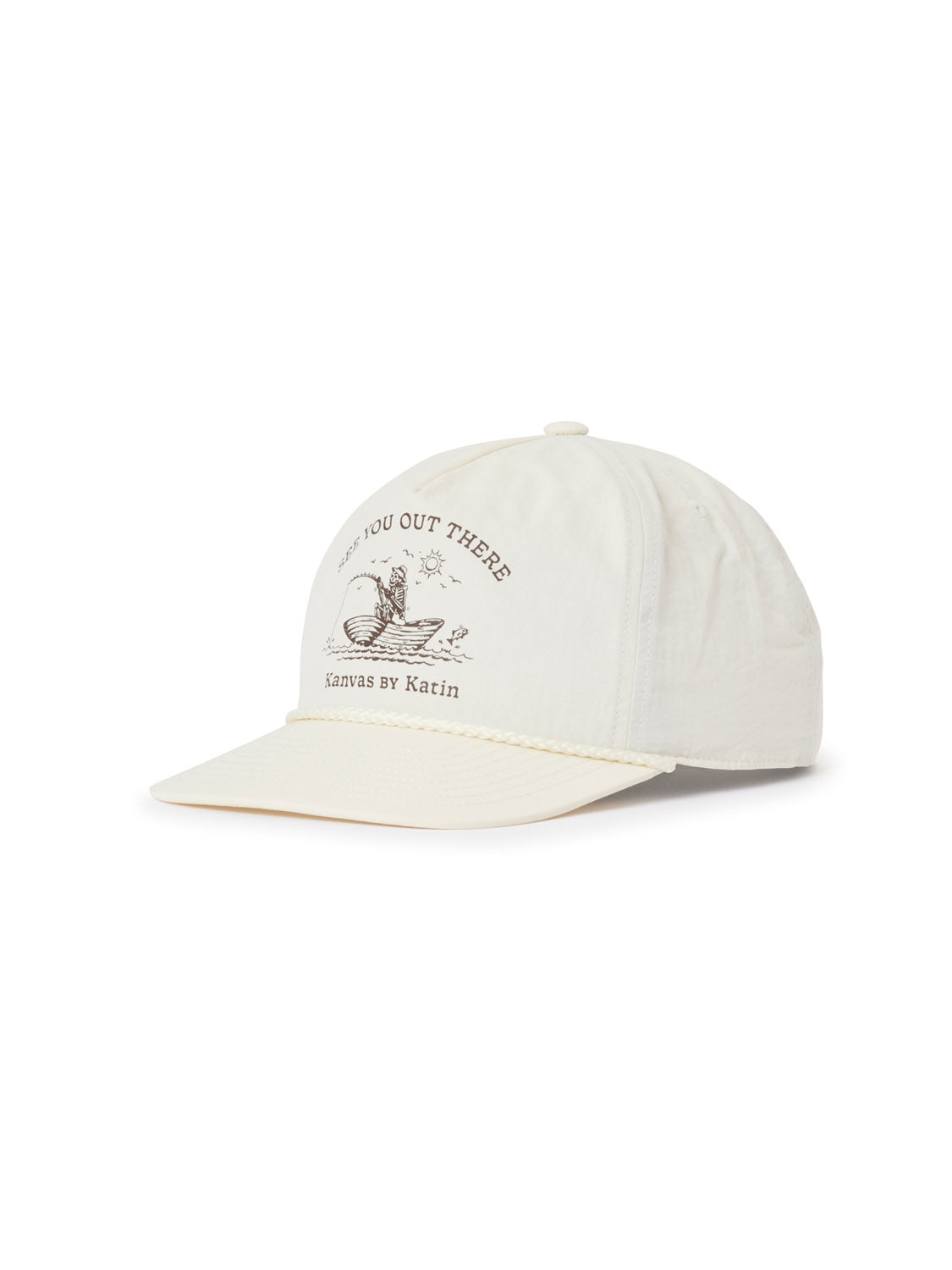 The Katin Cast Off Hat by Katin is a cream 5-panel recycled nylon hat with a curved brim, rope detail, frog on lily pad graphic, and “SEE YOU OUT THERE” plus “Kanvas by Katin” on the front; features adjustable snapback closure.