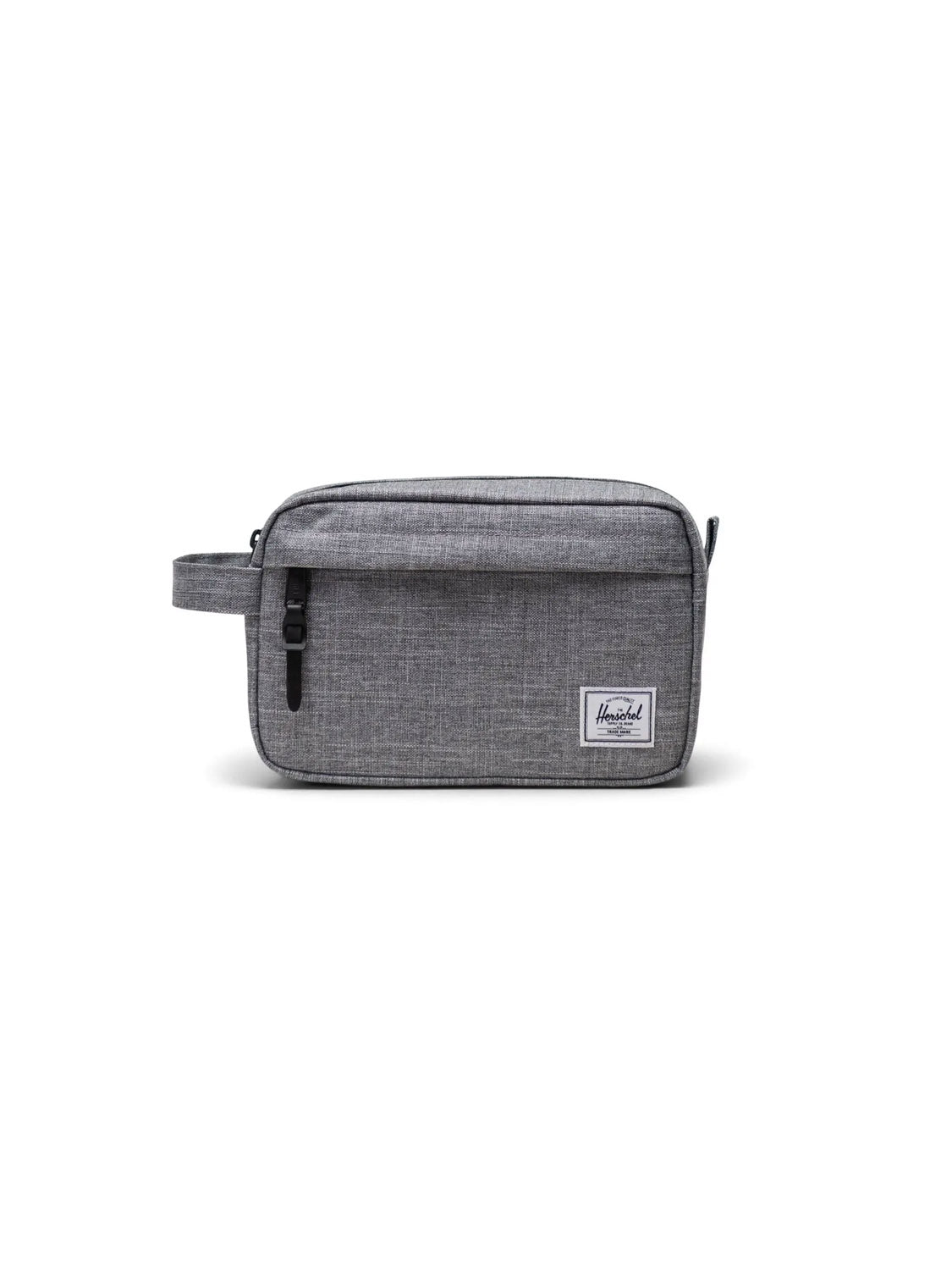 The Herschel Chapter Travel Kit - 5L is a rectangular gray fabric toiletry bag with a side handle, waterproof front zipper pocket, and white patch logo—ideal for organizing essentials or travel, shown on a plain white background.