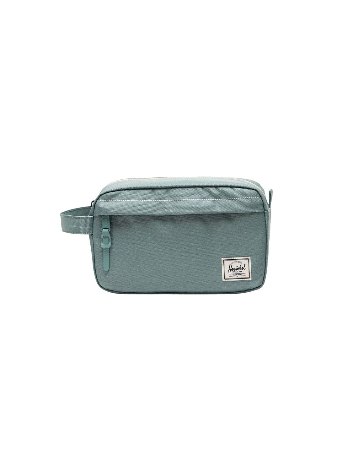 The Herschel Chapter Travel Kit - 5L is a light teal rectangular toiletry bag made from recycled polyester with a zipper closure, side handle, and white rectangular Herschel logo patch, shown on a plain white background.