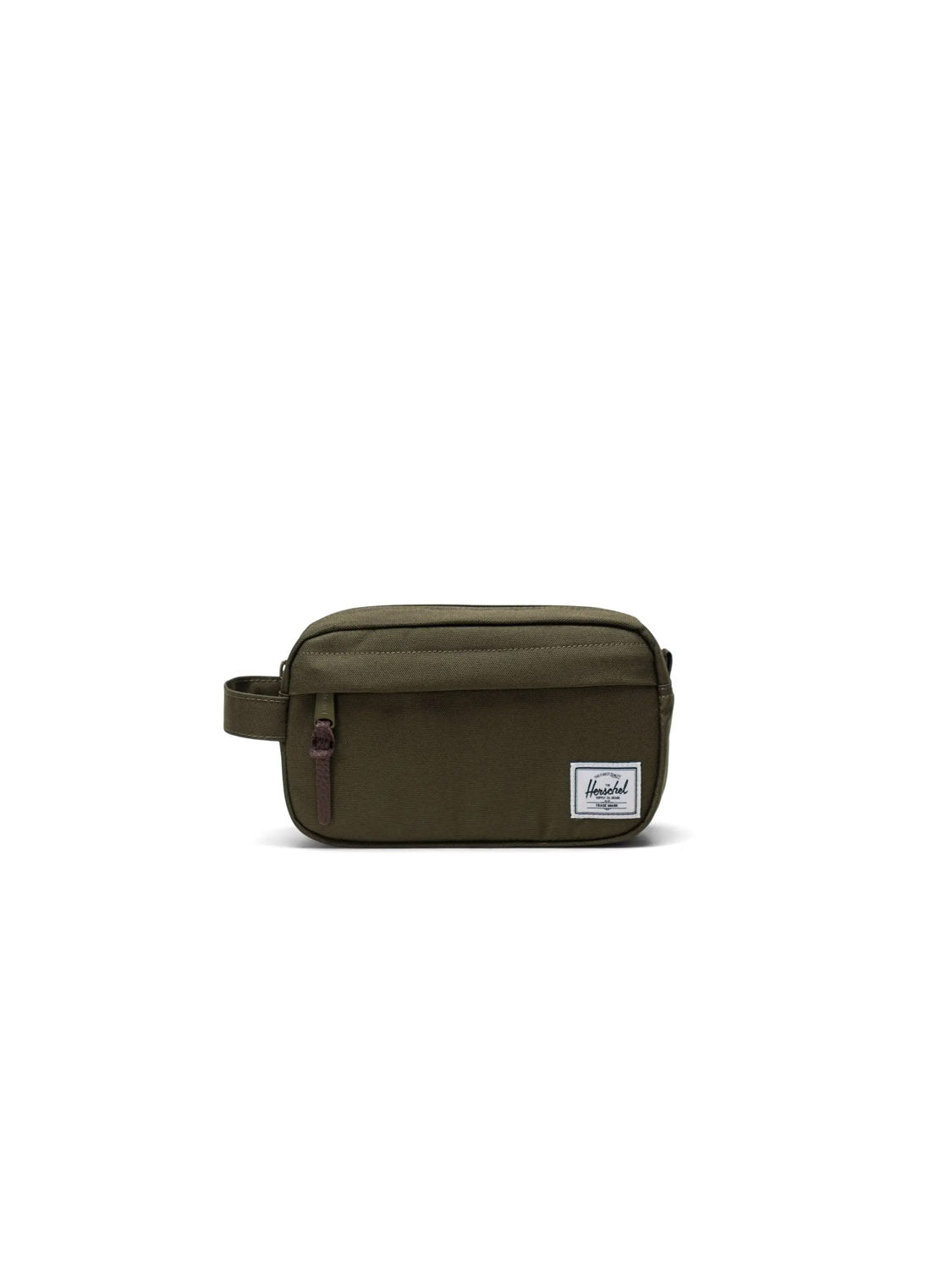 The Herschel Chapter Small Travel Kit is an olive green organizer toiletry bag with a zipper, side handle, and white rectangular front label. Made from recycled fabric, it’s shown against a plain white background.