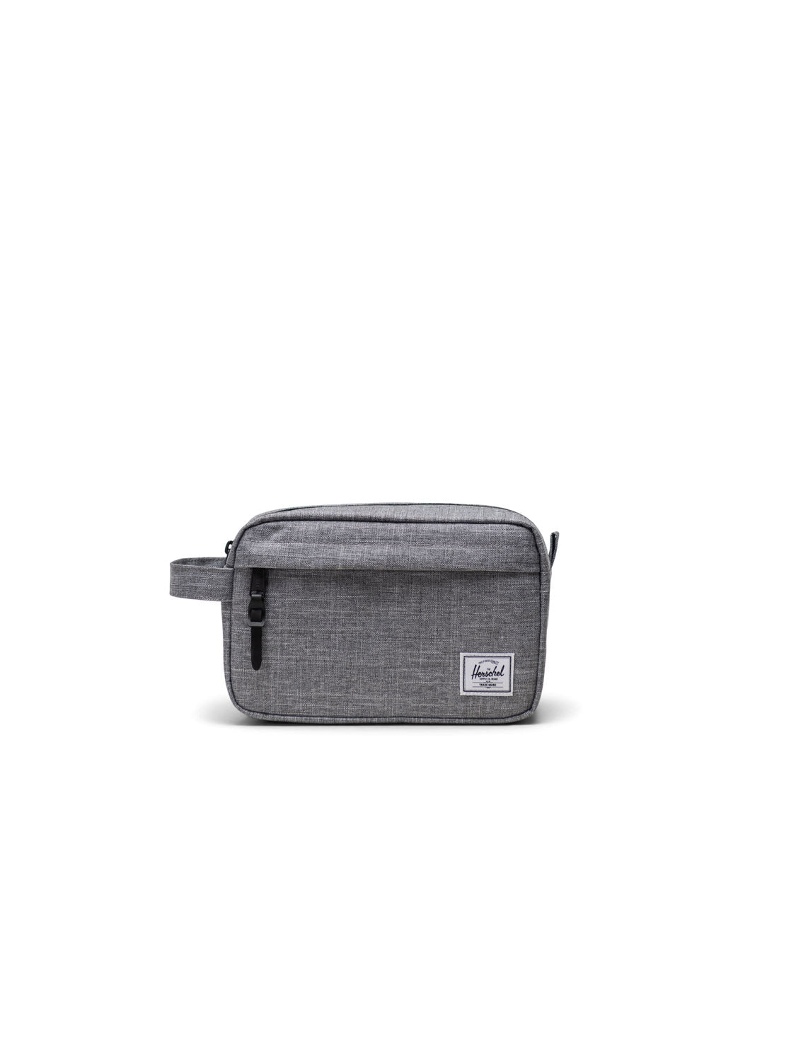 The Herschel Chapter Small Travel Kit is a compact, rectangular grey fabric toiletry bag with a side handle, black zipper, and white Herschel logo patch on the front—an eco-friendly organizer shown against a plain white background.