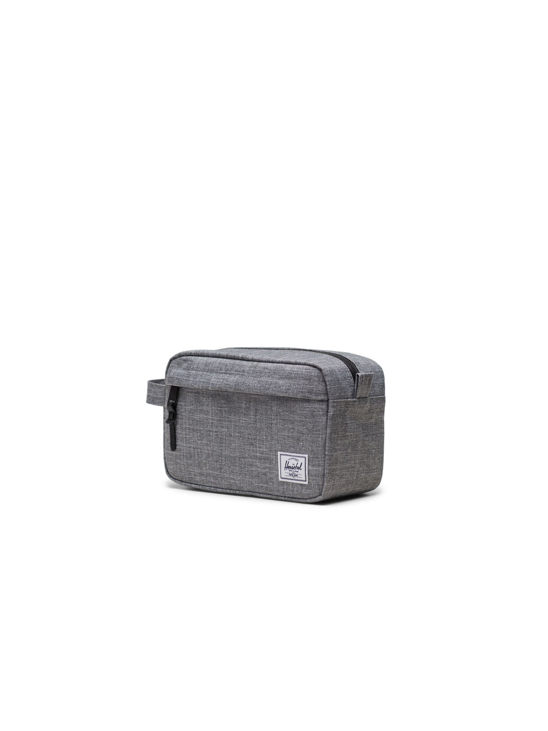The Herschel Chapter Small Travel Kit is a gray rectangular eco-friendly bag featuring a zipper, side handle, and a small white Herschel logo patch on the front, displayed against a plain white background.