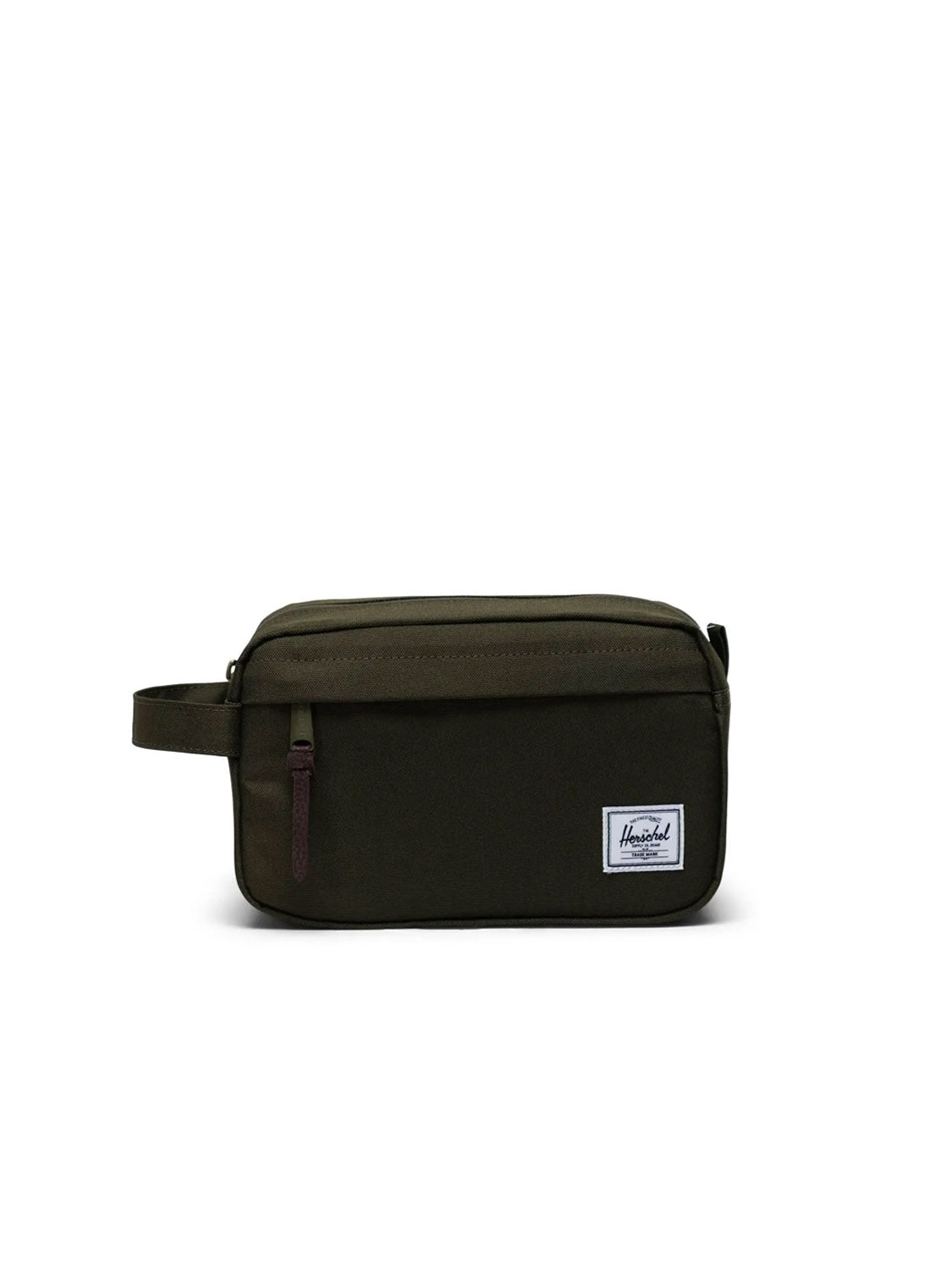 The Herschel Chapter Travel Kit is a rectangular, olive green bag with a waterproof zipper, side handle, and a small white Herschel label on the front, displayed against a plain white background.