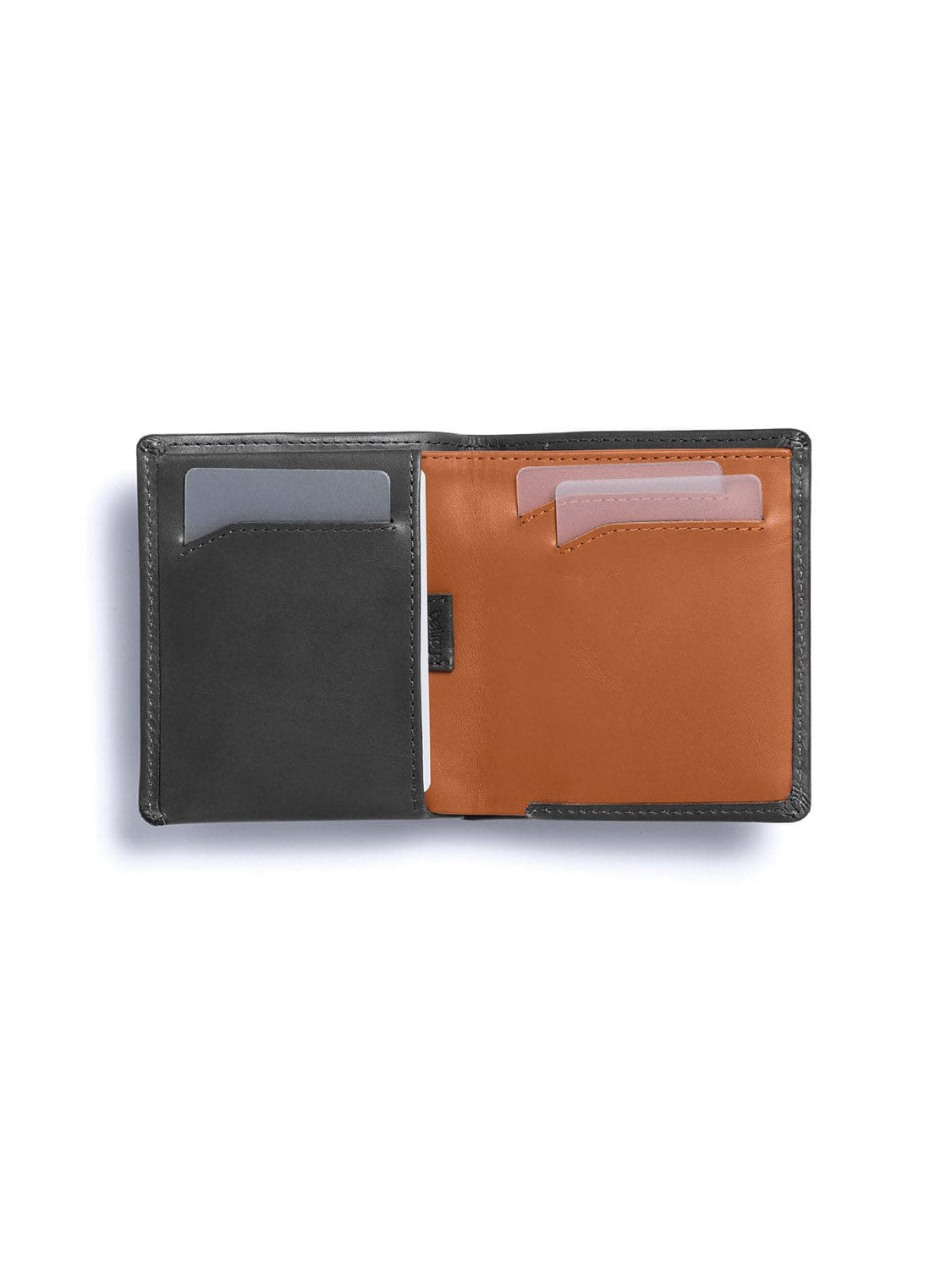 The Bellroy Note Sleeve Wallet by Bellroy features an open bifold design with a black exterior and brown interior, made from premium leather. It holds two cards in brown-side slots and one card in a black-side slot.