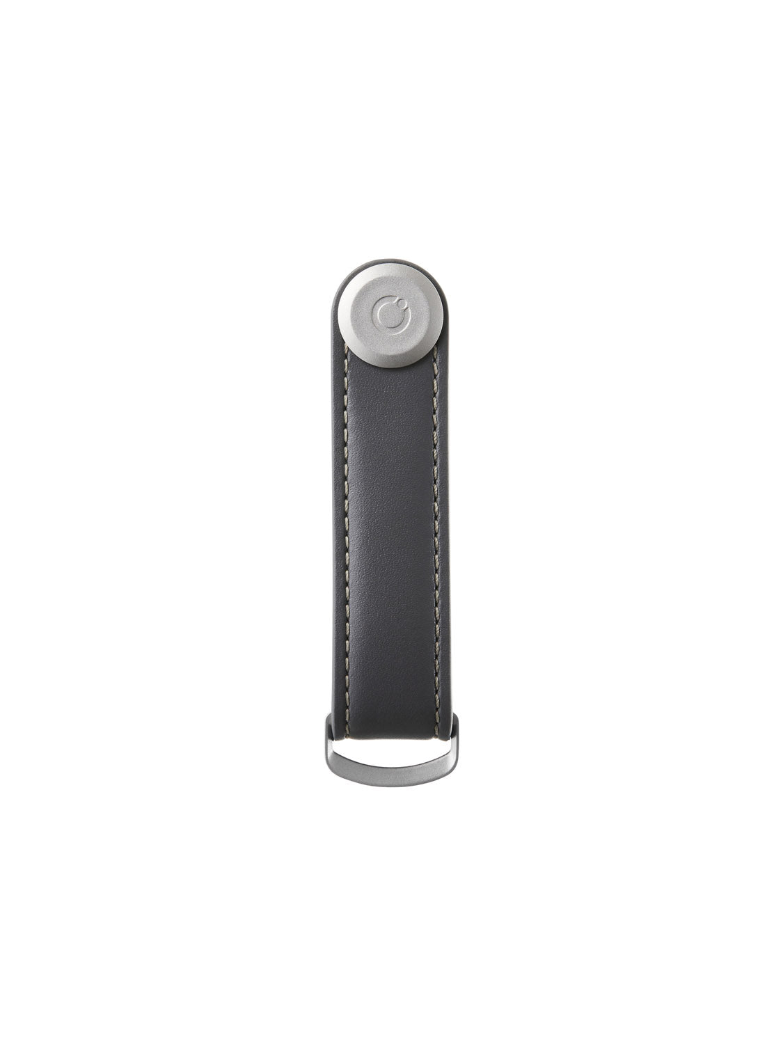 The Orbitkeys Key Organizer Leather in black with gray stitching features a round metal button on top and a metal loop at the bottom, designed for sleek key organization and shown against a white background.