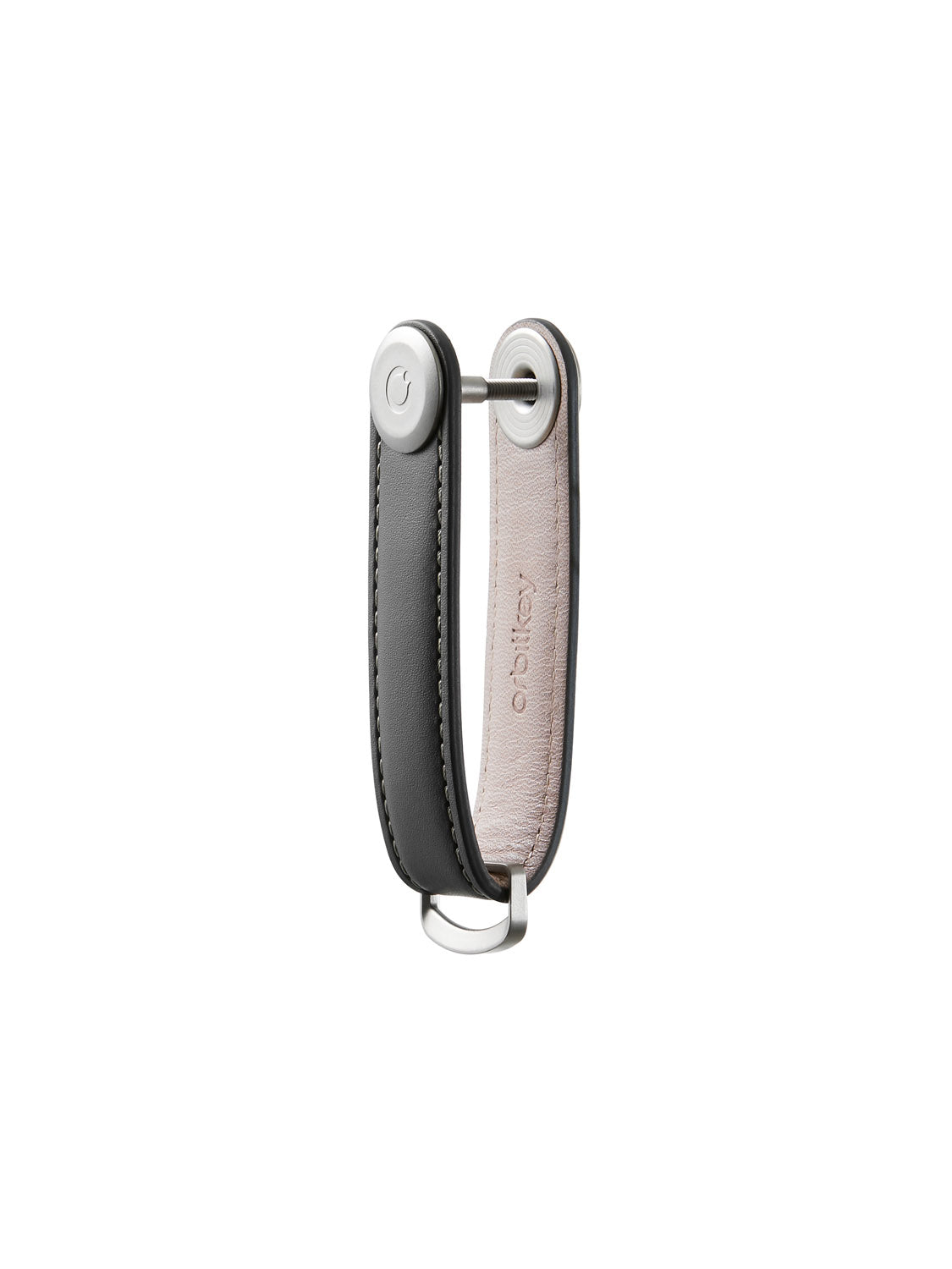 The Orbitkeys Key Organizer Leather is a compact black and light beige leather key holder with silver metal hardware. Shown open and upright, 'orbitkey' is embossed inside, combining style and functionality.