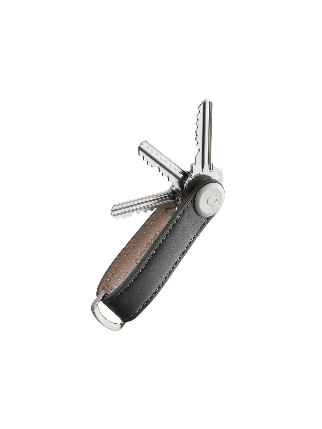 The Orbitkeys Key Organizer Leather is a stylish black and brown stitched leather key holder with a sturdy metal loop, designed to organize several keys in a fan shape.