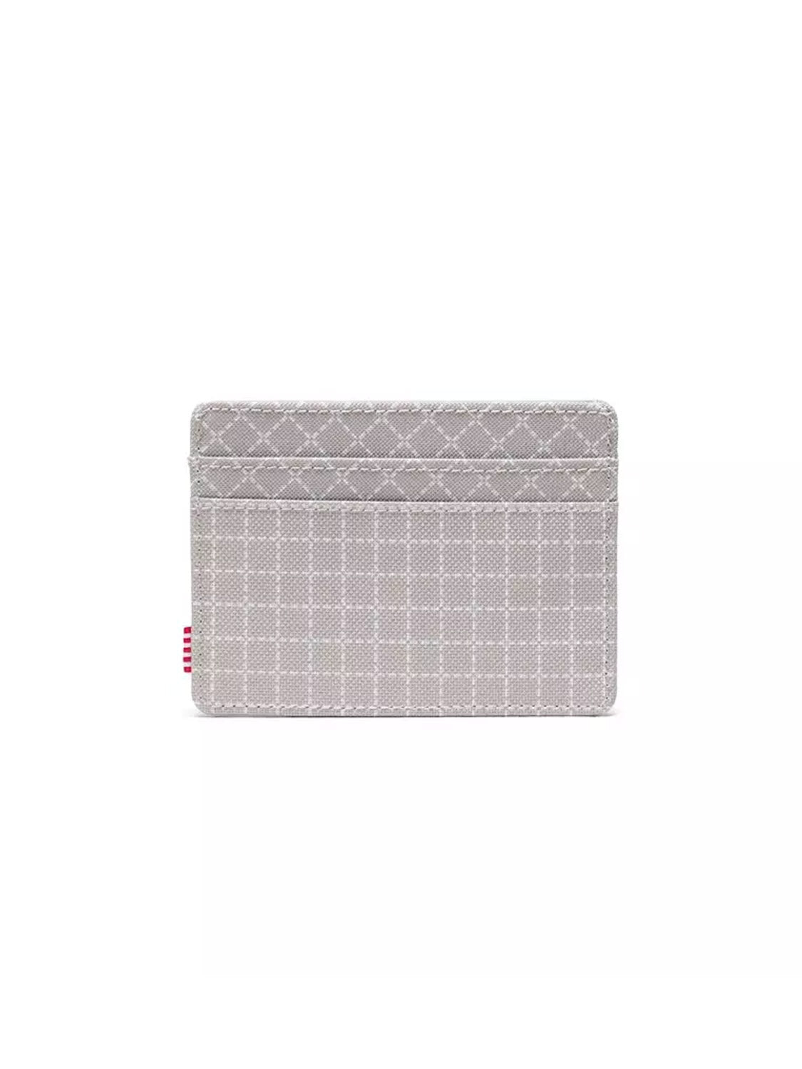 The Herschel Charlie Cardholder Wallet features a compact design with a quilted diamond pattern on the top half, a checkered bottom, multiple card slots, and a small red and black striped tag on the left side.