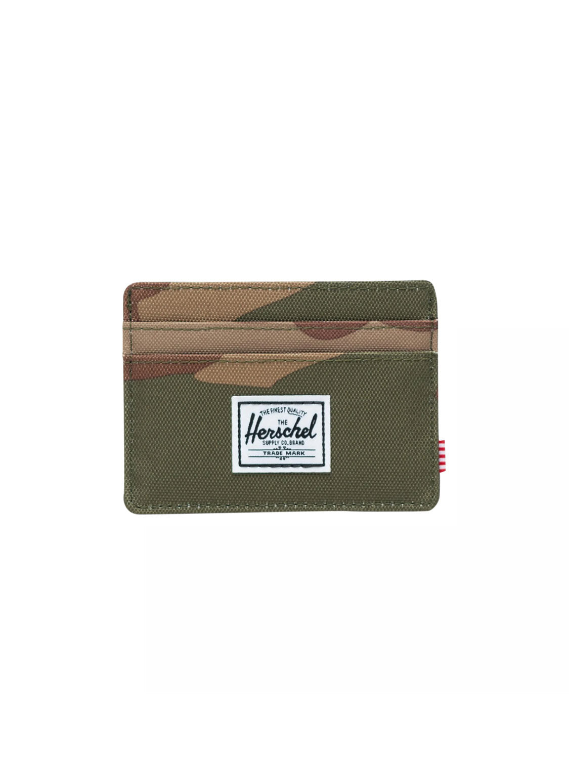 The Herschel Charlie Cardholder Wallet features a green and brown camouflage pattern, multiple card slots, and a white rectangular Herschel logo patch on the front, shown against a plain white background.