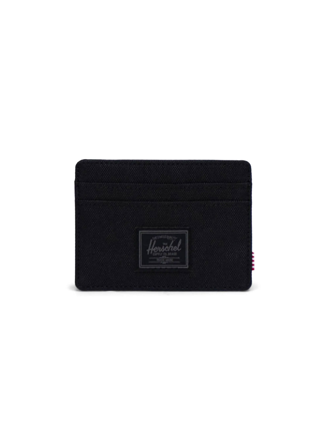 The Herschel Charlie Cardholder Wallet is a black compact wallet with a rectangular front logo patch, featuring multiple card slots for organized storage, shown against a plain white background.