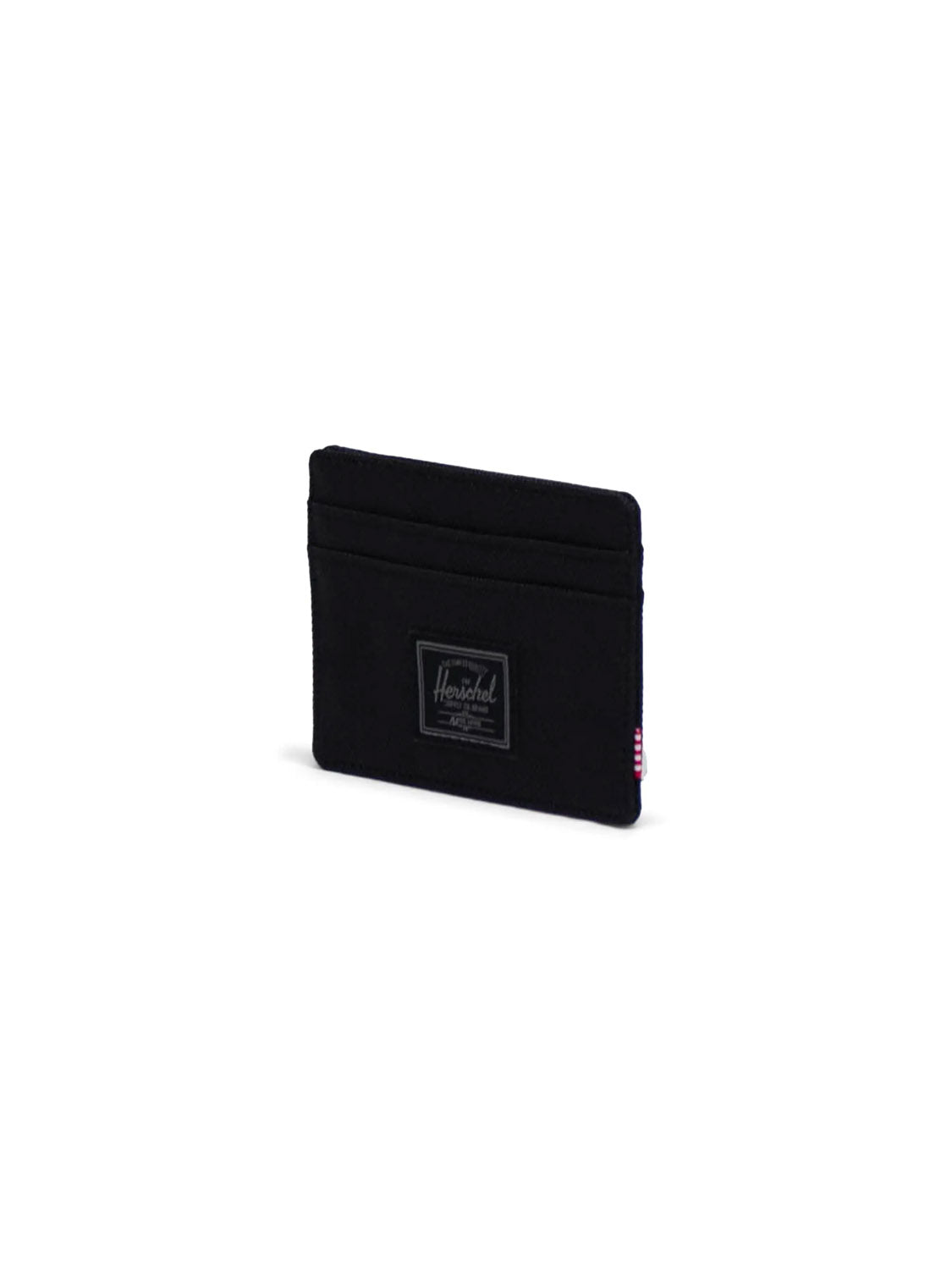 A sleek black Herschel Charlie Cardholder Wallet with RFID blocking, multiple card slots, and a small rectangular Herschel label on the front, shown against a plain white background.