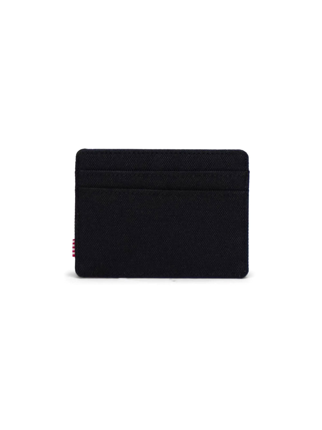 The Herschel Charlie Cardholder Wallet in black features RFID blocking, two visible card slots, and a small red and white tag on the left, shown against a white background.