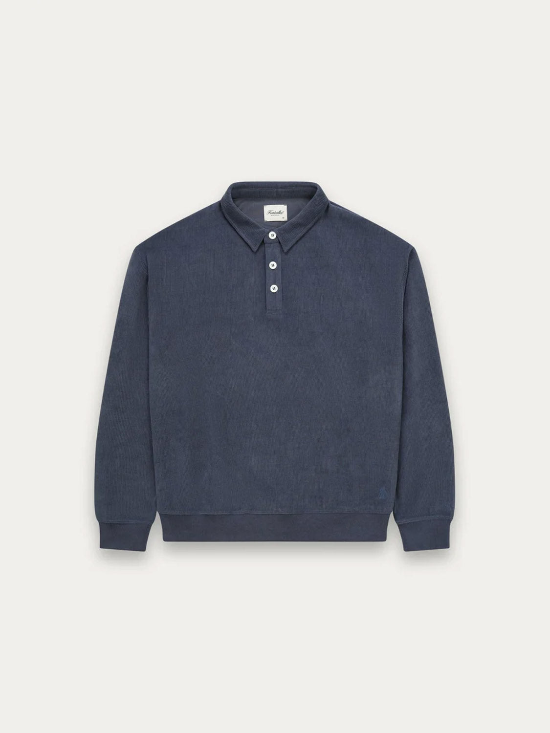 The Kuwalla Chenille Polo is a navy blue relaxed-fit sweatshirt with a ribbed collar, three white buttons, and ribbed cuffs and hem, shown against a plain white background.