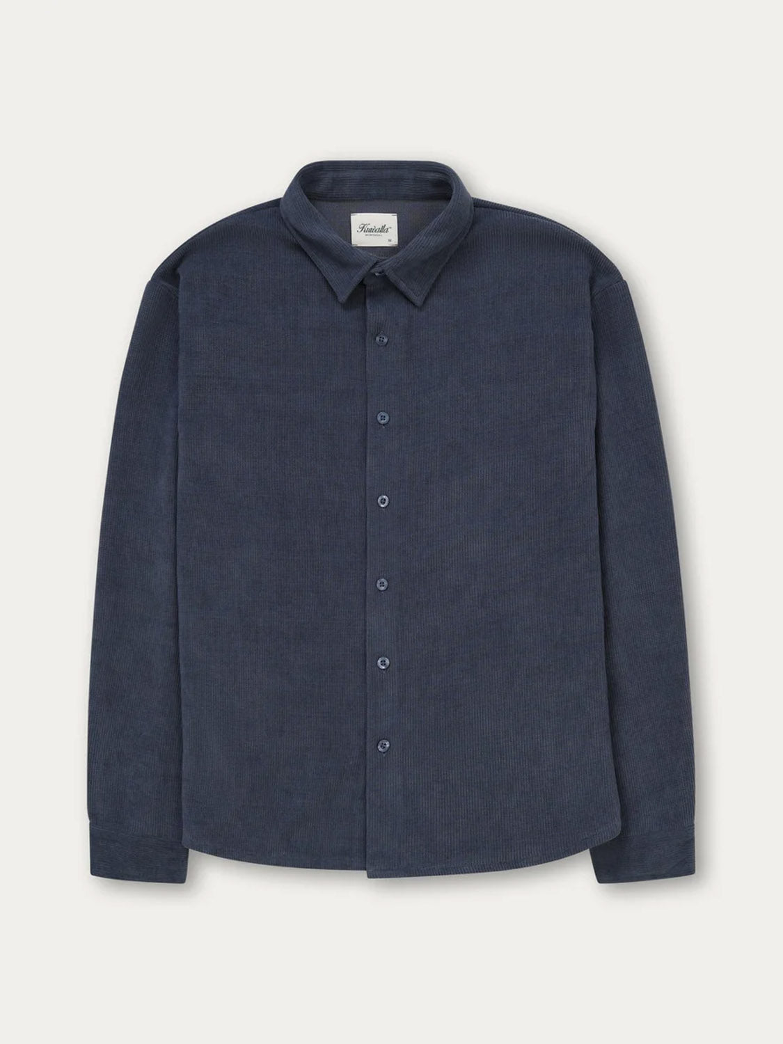The Kuwalla Chenille Shirt, a navy blue long-sleeve with a collar and button-up closure, is shown laid flat on a white background.