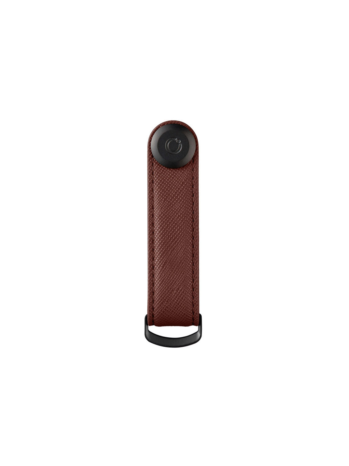 The Orbitkeys Key Organizer Saffiano Leather is a brown textured leather key holder with a black circular button on top and a black metal ring at the bottom, shown upright against a white background.