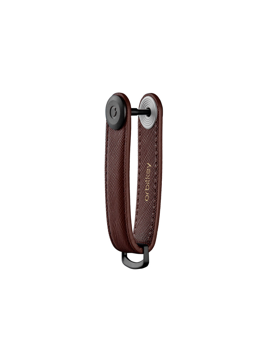 The Orbitkeys Key Organizer Saffiano Leather compactly holds multiple keys. Made of brown saffiano leather with black metal hardware, it features the Orbitkeys brand printed in gold on the leather.