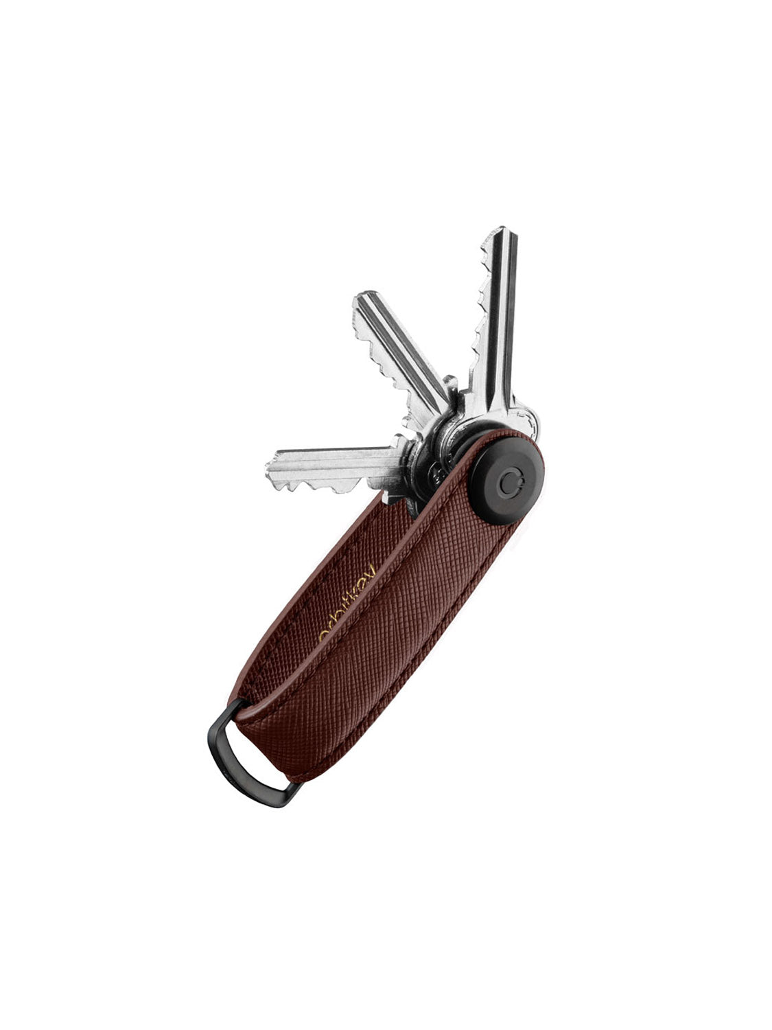 The Orbitkeys Key Organizer Saffiano Leather in brown features silver keys neatly stacked and fanned out for easy access, with a black metal loop at one end.