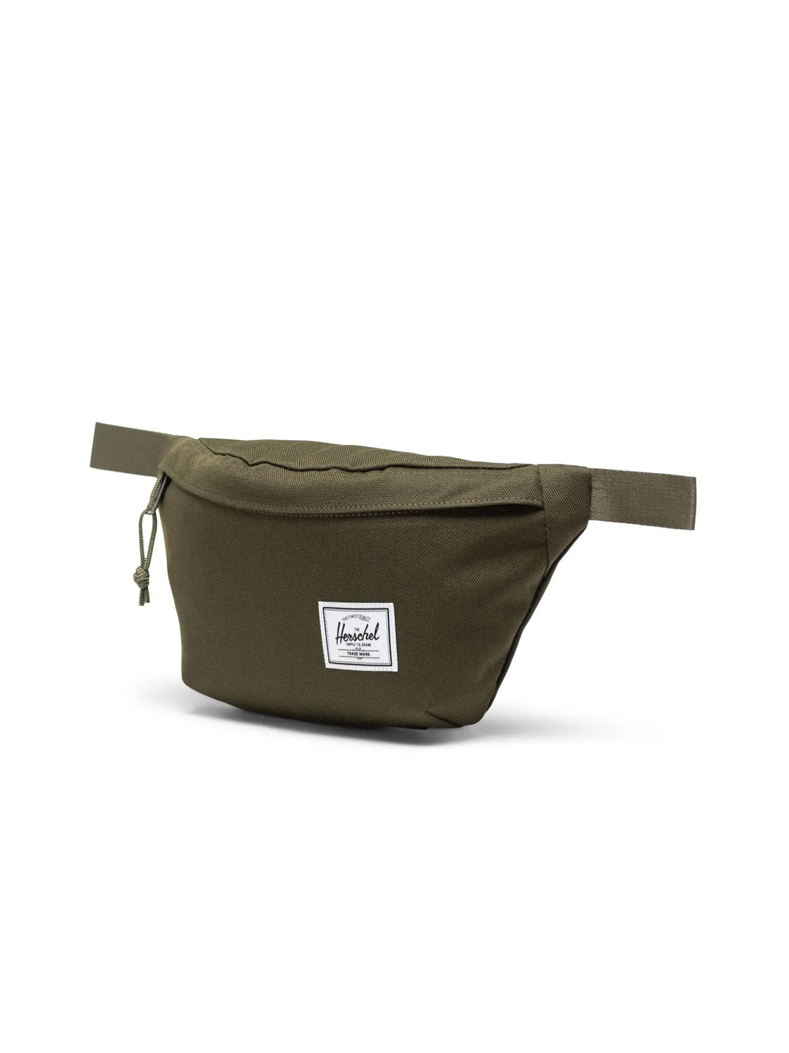 The Herschel Classic Hip Pack - 1L in olive green is made from recycled polyester and features a front zipper, white rectangular logo label, and adjustable side straps for easy hands-free use.
