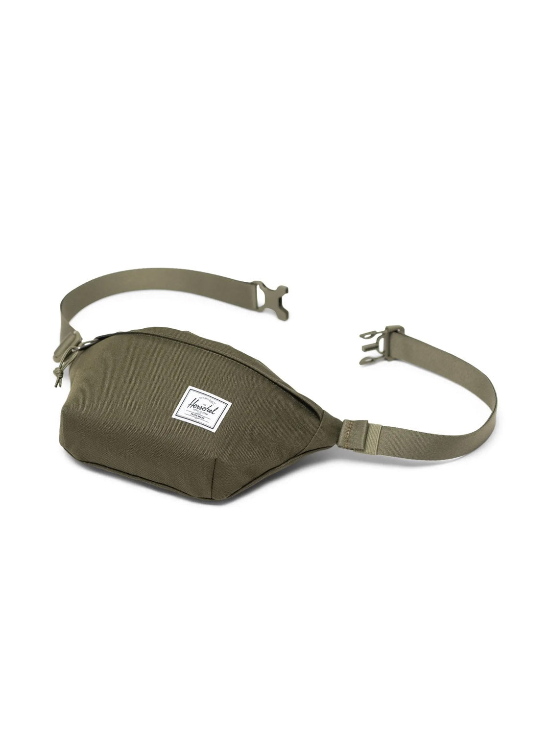 The Herschel Classic Hip Pack - 1L in olive green is crafted from recycled polyester, with an adjustable strap, zipper closure, and a white rectangular front label. Shown against a plain white background for hands-free convenience.