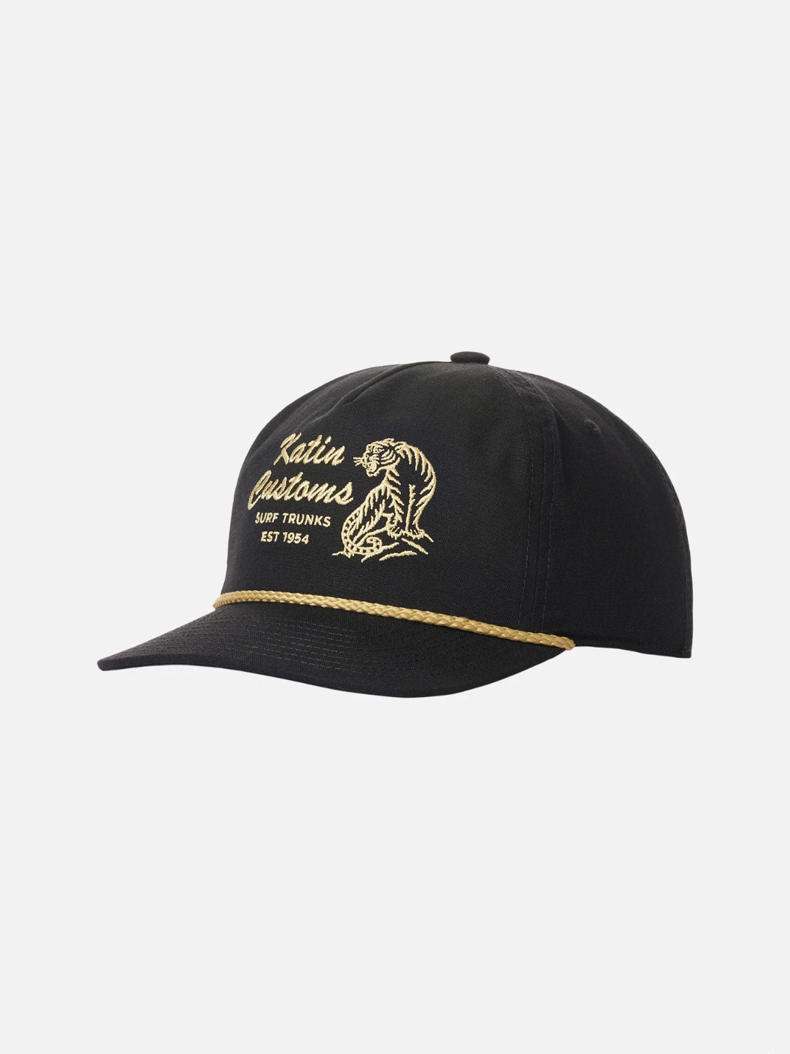 The Katin Claw Hat is a black baseball cap featuring gold tiger embroidery, "Katin Customs Surf Trunks Est 1954" text, a gold braided rope above the brim, and an adjustable snapback closure.