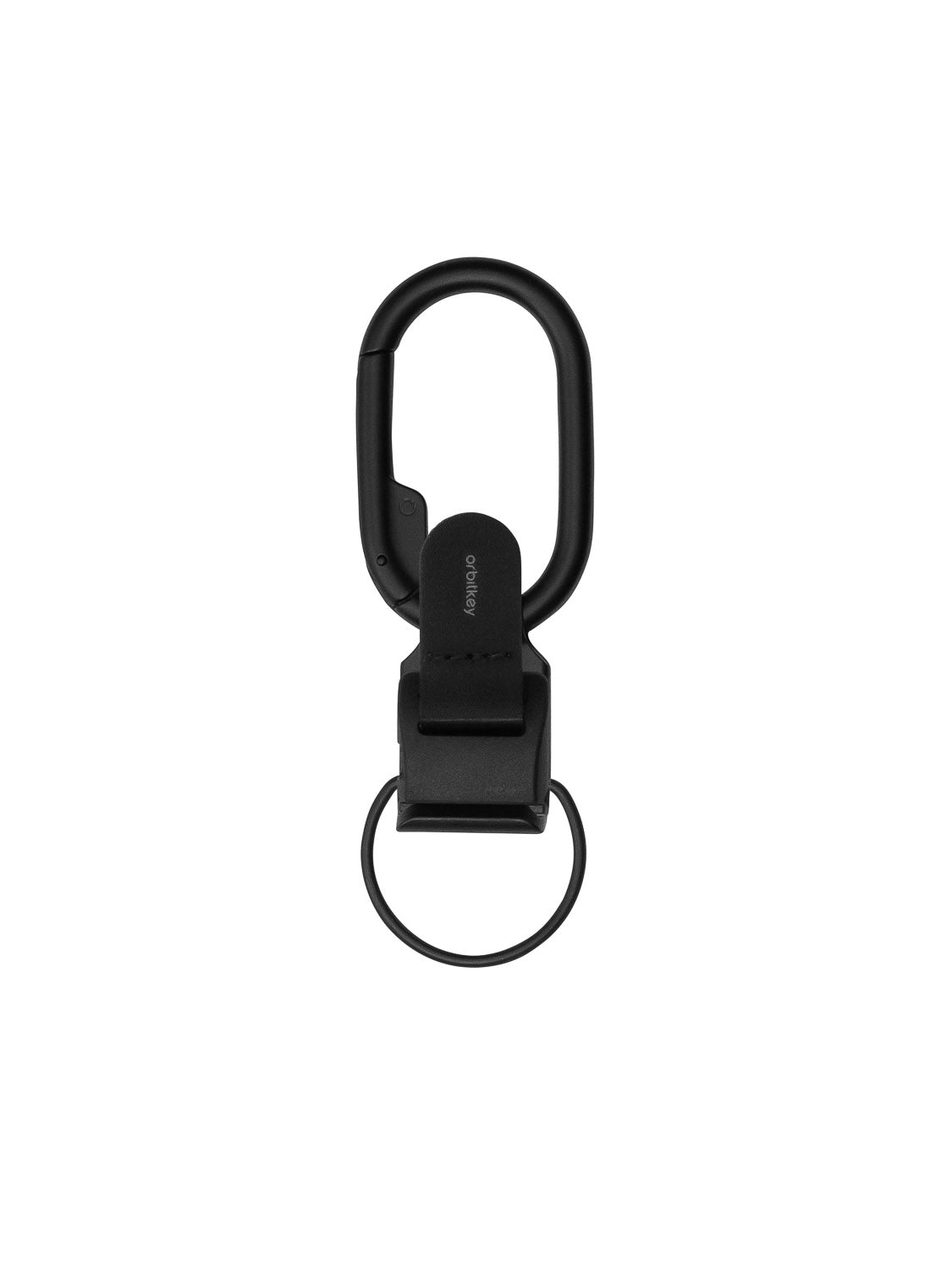 The Orbitkeys Clip V2 Keyring is a black metal keychain with an oval carabiner, a rectangular leather strap, a round key ring, and a belt loop clip, all isolated on a white background.