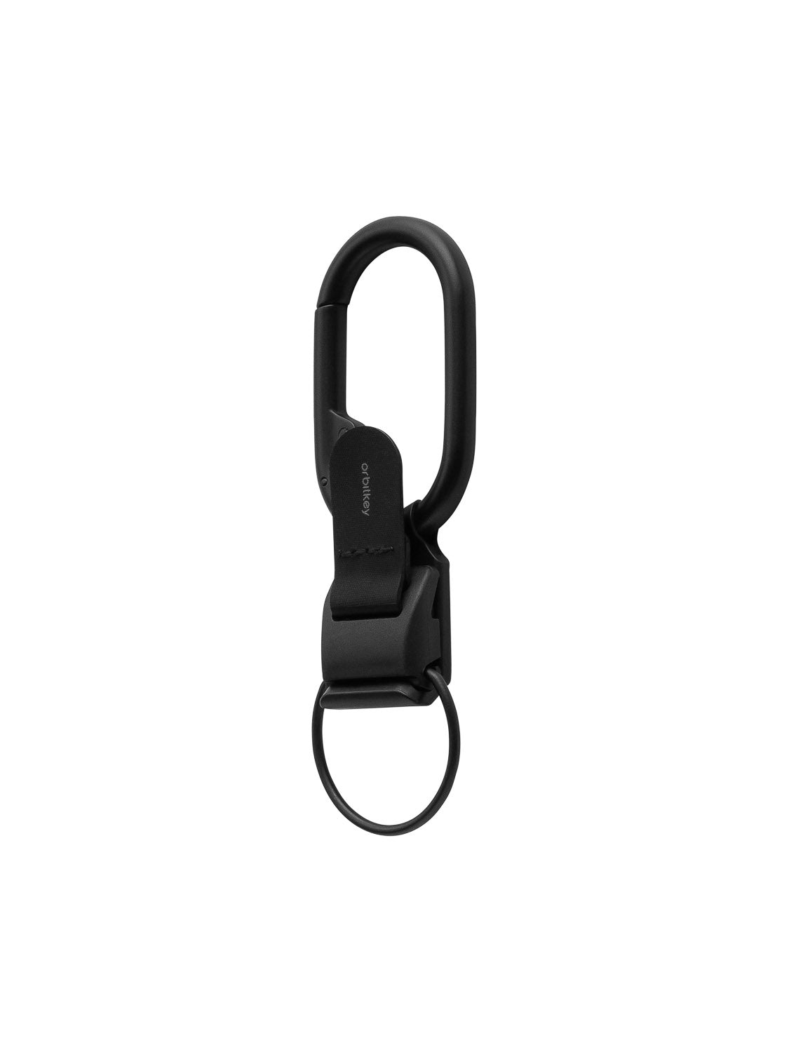 The Orbitkeys Clip V2 Keyring features a black metal rectangular carabiner top, a rotating hinge, and a round keyring, doubling as a belt loop clip for easy carrying, shown against a plain white background.