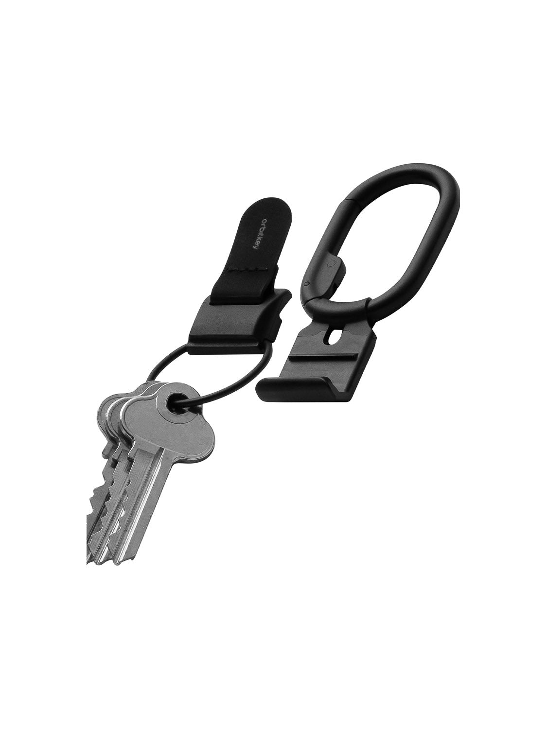 The Orbitkeys Clip V2 Keyring features silver keys on a black keychain with a magnetic quick release, carabiner, and detachable clips for easy access, shown on a white background.