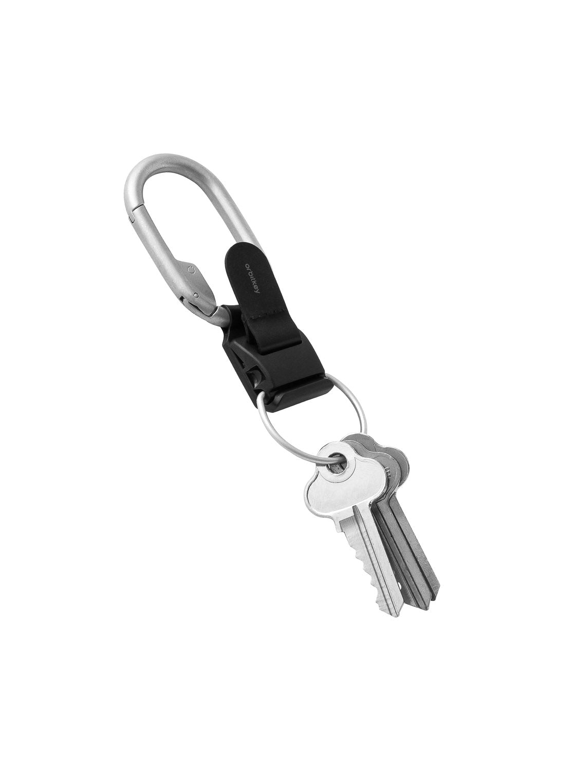 The Orbitkeys Clip V2 Keyring features a metal carabiner with a magnetic quick release and black plastic clip, attached to a keyring holding three silver keys, all displayed on a white background.