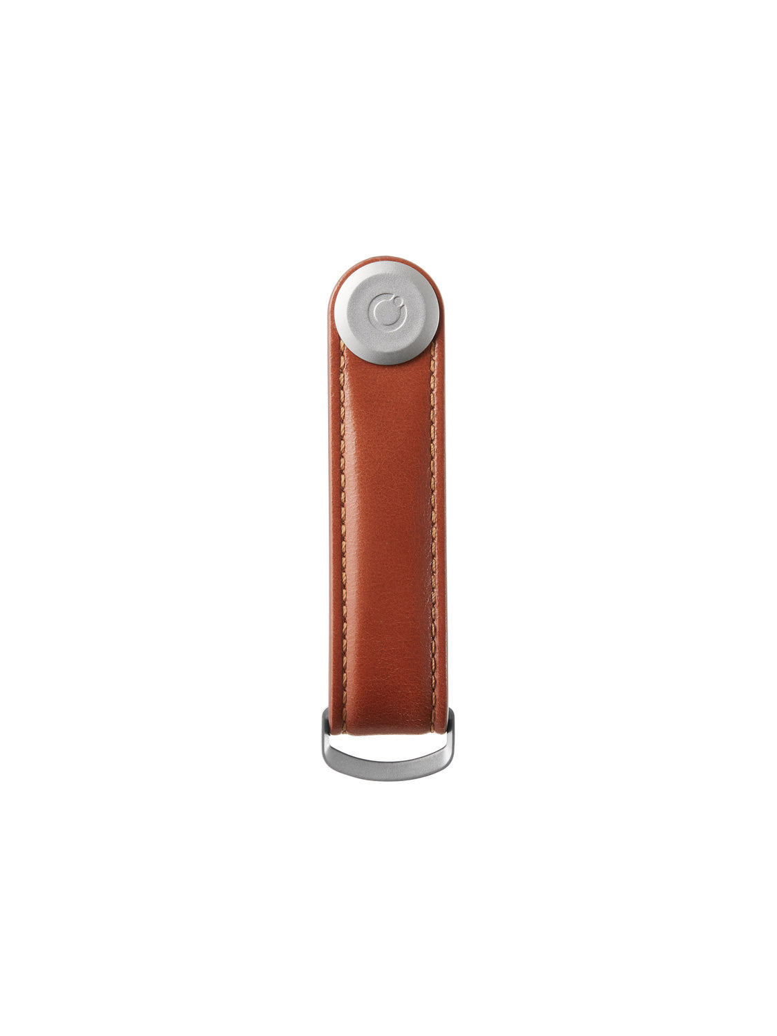 The Orbitkeys Key Organizer Leather is a brown leather keychain with beige stitching, a metal button on top, and a silver holder at the bottom, shown upright against a white background.