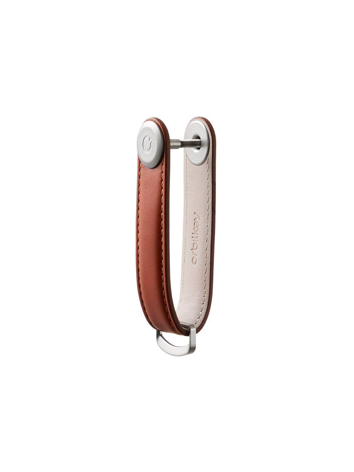 The Orbitkeys Key Organizer Leather, in brown and beige with metallic hardware and an embossed logo, stands upright on a white background as a stylish leather keychain organizer.