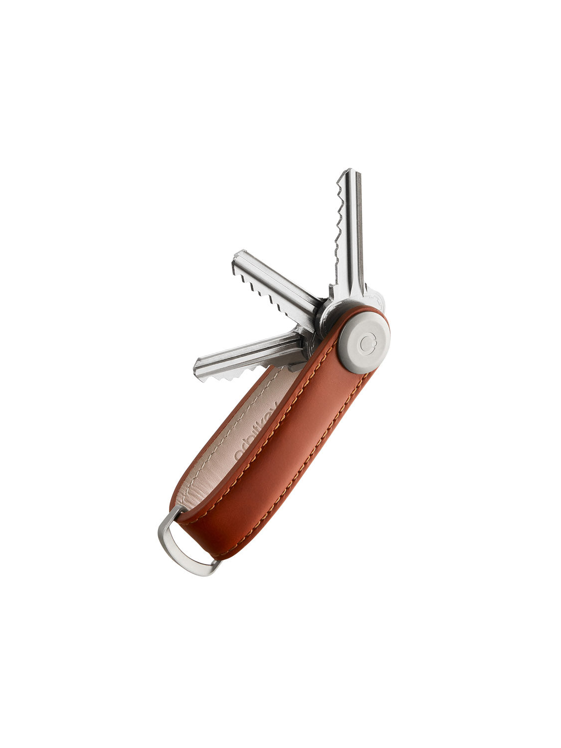 The Orbitkeys Key Organizer Leather in brown neatly arranges multiple metal keys, fanned out with a metal loop at one end, displayed on a white background.
