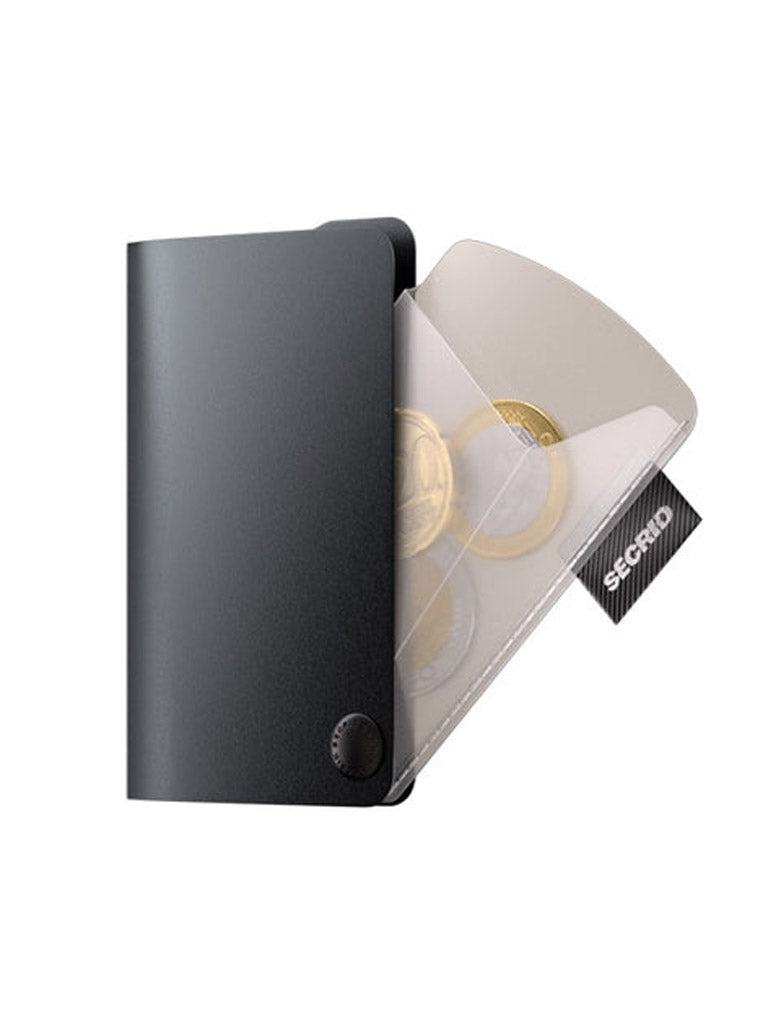 The Secrid Coin Pocket is a sleek black cardholder, partially open to show coins and plastic dividers inside—perfect for stylishly organizing loose change in your wallet.