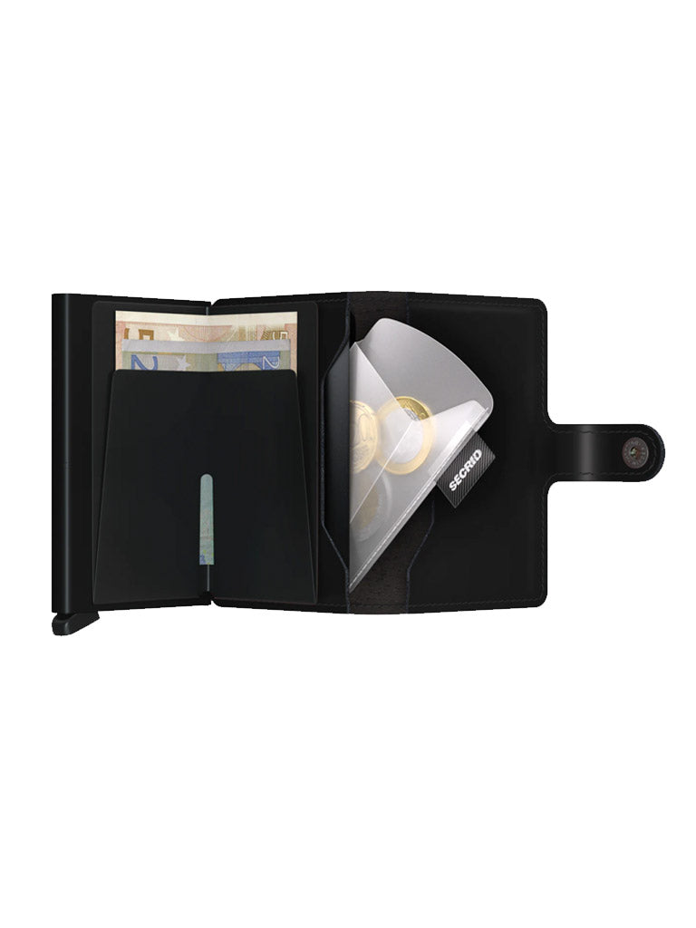A Secrid Coin Pocket wallet in black, opened to show euro banknotes, coins in a transparent coin case, and a card partly visible in a slot, with a snap closure on the right.