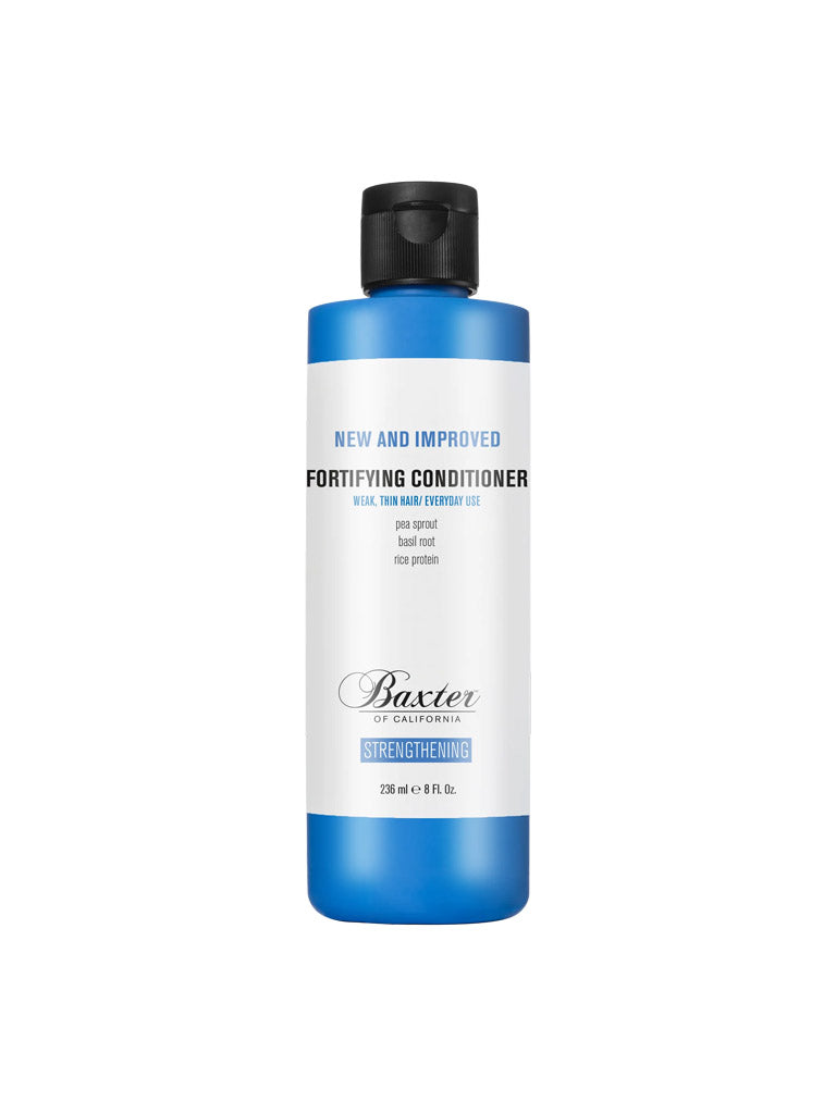 A blue bottle of Baxter Fortifying Conditioner with a black cap, formulated to thicken and volumize weak, thinning hair using pea sprout, basil root, and rice protein (236 ml / 8 fl oz).
