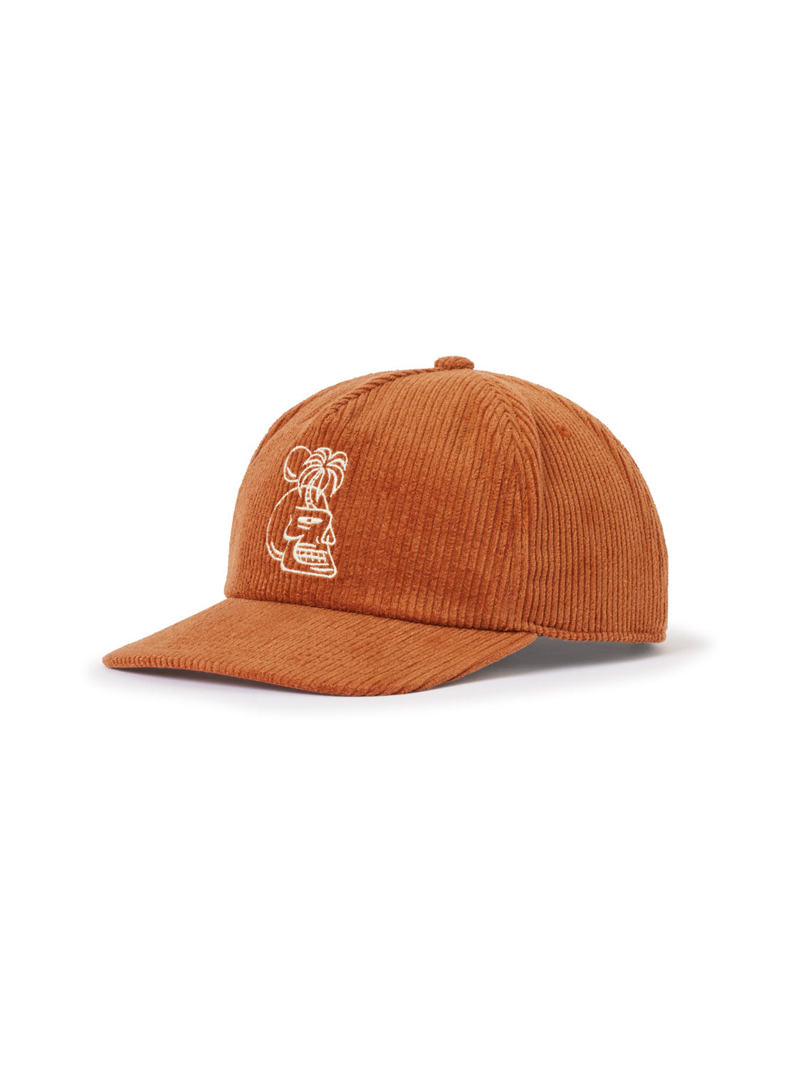 The Katin Cortex Hat by Katin is a rust-colored cotton corduroy cap with white embroidery of a stylized face topped with a palm tree, displayed on a plain white background.