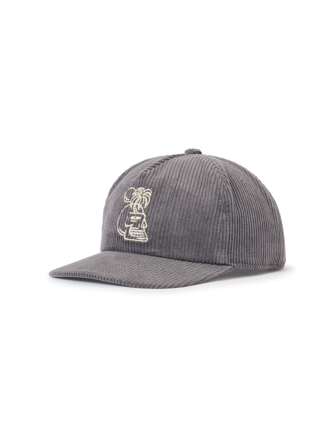 The Katin Cortex Hat is a gray cotton corduroy baseball cap with a curved brim and an embroidered white cartoon face with palm tree hair on the front, perfect for fans of Katin headwear.