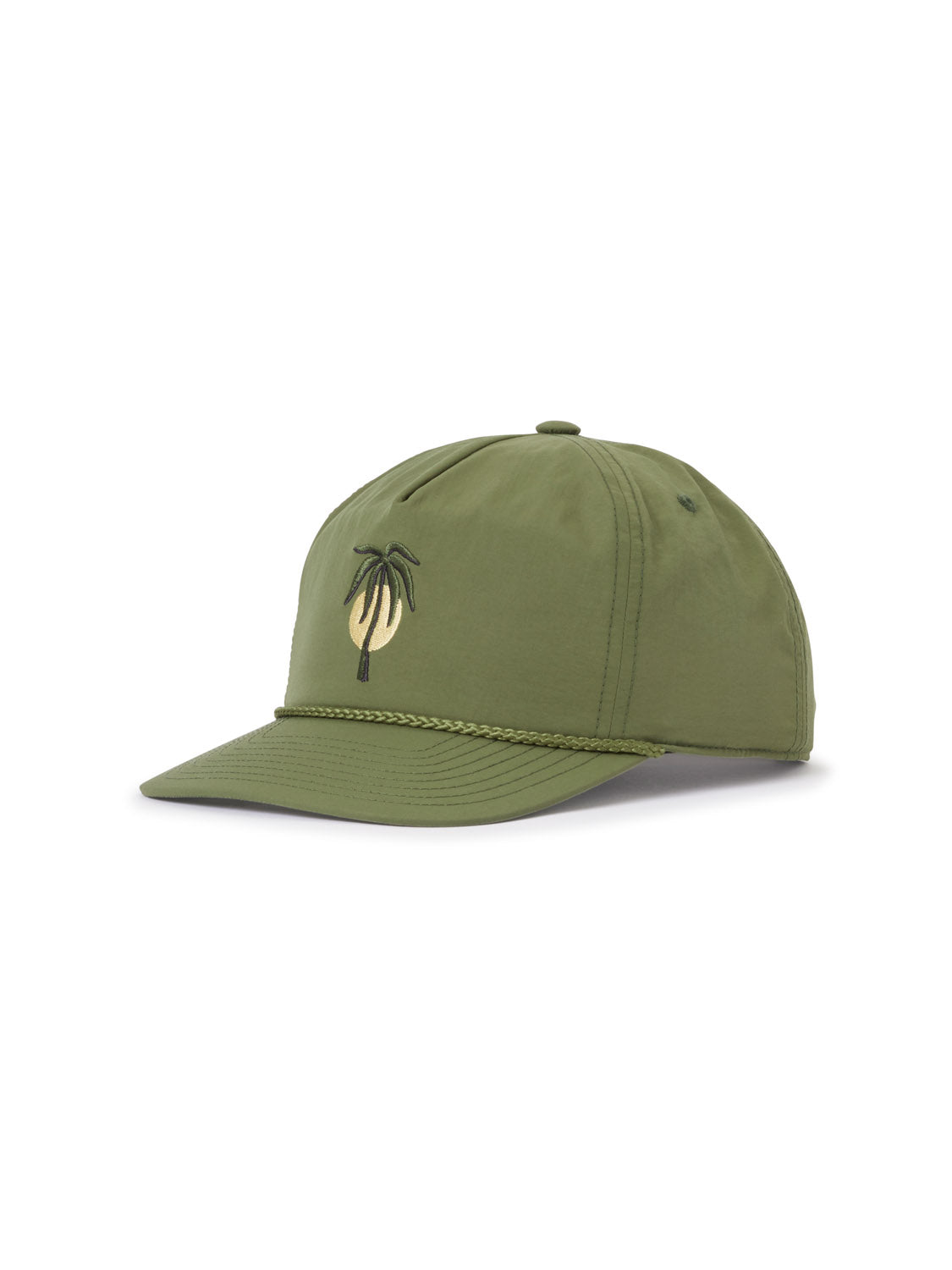 The Katin Crawford Hat, made from recycled nylon in green, features palm embroidery on the front and a rope detail above the brim, displayed against a white background.
