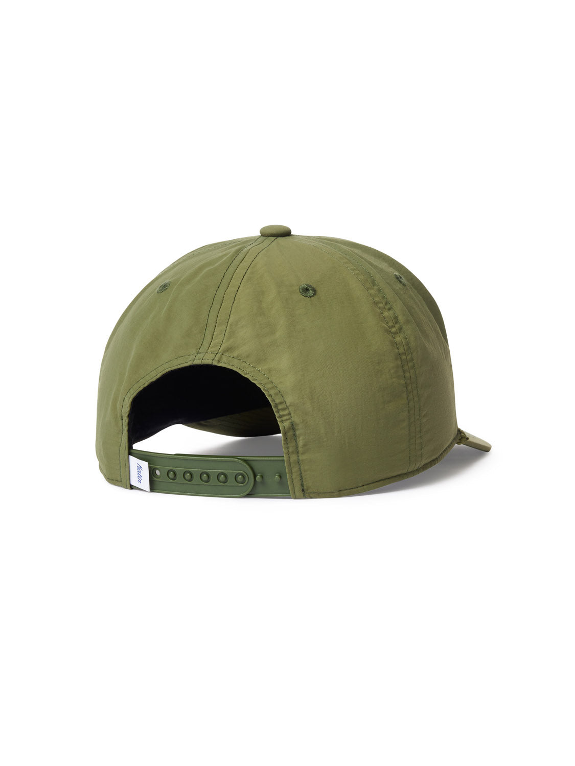The Katin Crawford Hat in olive green, made from recycled nylon, is shown from the back with a plastic adjustable strap and a small white tag on the edge. The cap by Katin is displayed on a white background.