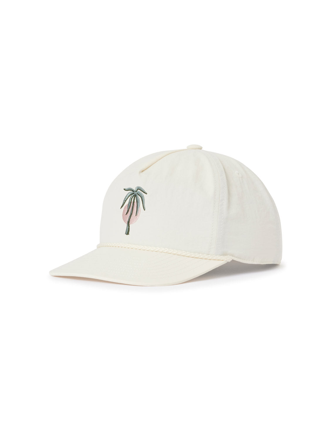 The Katin Crawford Hat by Katin is a white baseball cap crafted from recycled nylon, featuring a curved brim, decorative rope detail above the brim, and a small palm embroidery on the front.