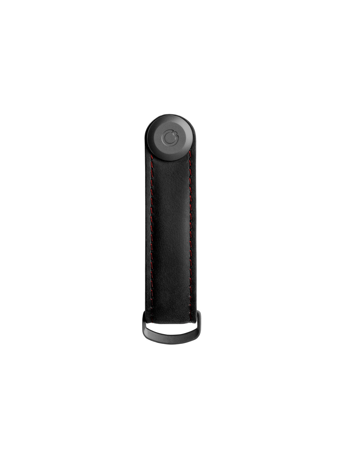 The Orbitkeys Key Organizer Crazy-Horse Cowhide Leather is featured in black with red stitching, a round top button, and a bottom metal loop, shown against a white background.