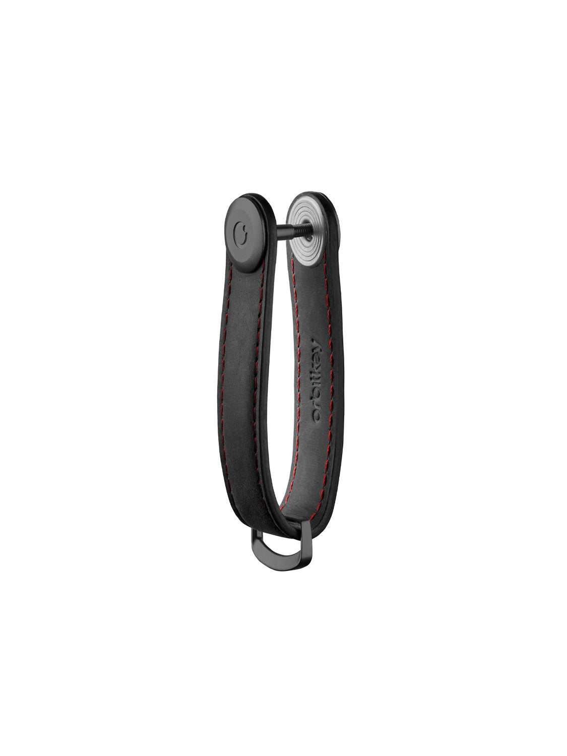 The Orbitkeys Key Organizer Crazy-Horse Cowhide Leather features black leather, red stitching, a metal button, a round silver rivet, and an embossed logo—a stylish and durable everyday keychain loop.