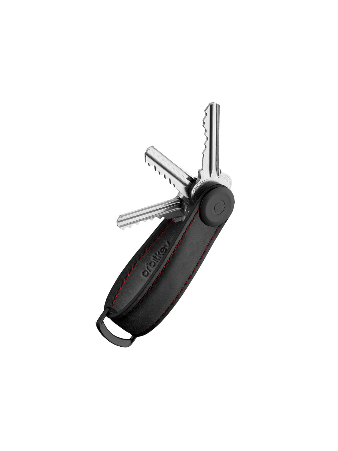 A Key Organizer Crazy-Horse Cowhide Leather by Orbitkeys in black with red stitching holds three silver keys and is displayed against a white background.