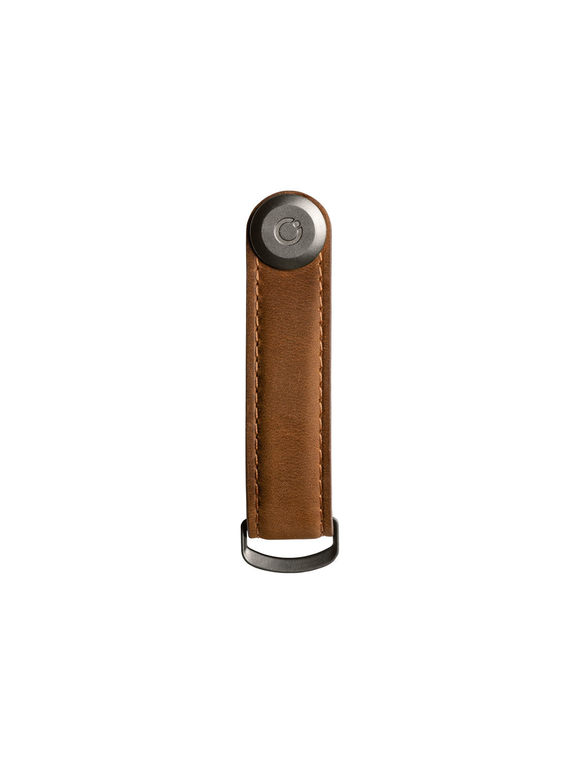 The Orbitkeys Key Organizer Crazy-Horse Cowhide Leather is a brown leather key holder with a metal ring at the bottom and a round metal button at the top, shown vertically on a white background.