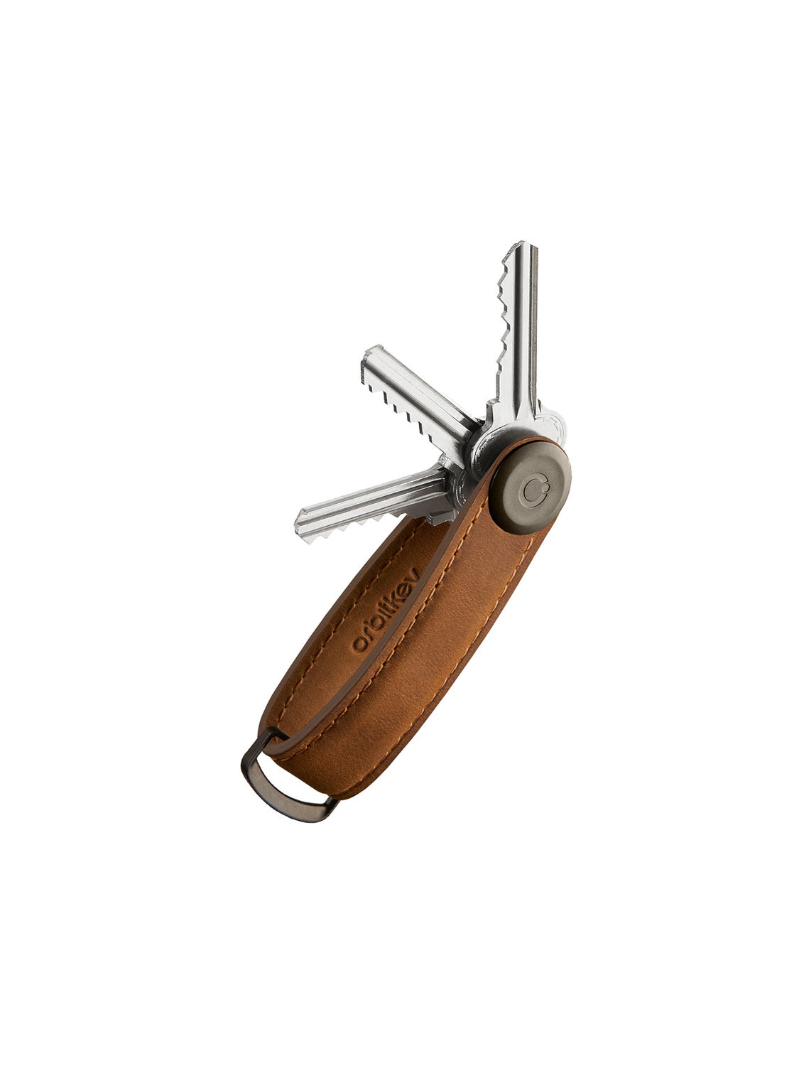 The Orbitkeys Key Organizer Crazy-Horse Cowhide Leather neatly holds several silver keys fanned out with a metal loop, and features an embossed Orbitkeys logo on the rich leather strap, blending function and style.
