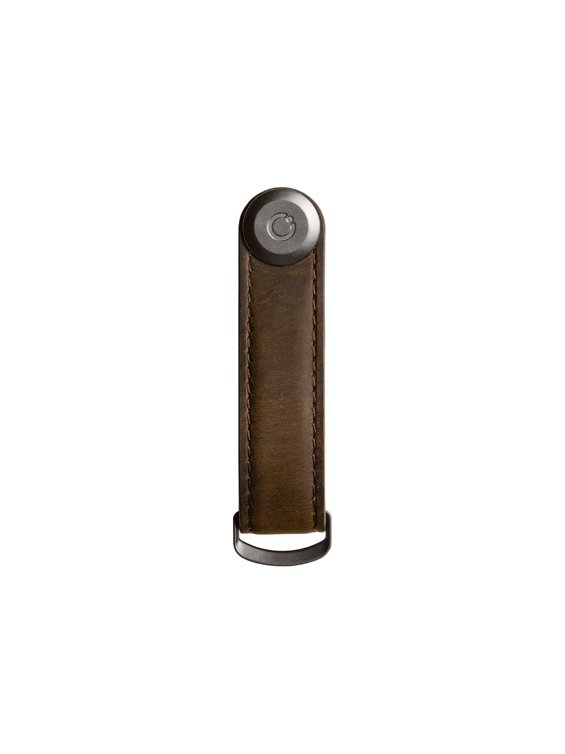 The Orbitkeys Key Organizer Crazy-Horse Cowhide Leather is shown vertically against a white background, featuring brown leather with visible stitching, a metal button at the top, and a metal loop at the bottom.