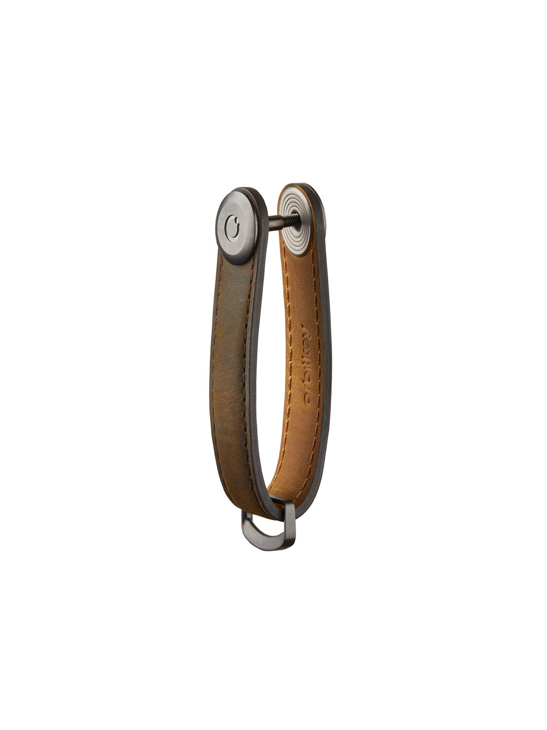 The Orbitkeys Key Organizer Crazy-Horse Cowhide Leather features a looped brown leather design with visible stitching, a screw closure at the top, and the brand embossed inside to securely hold your keys.