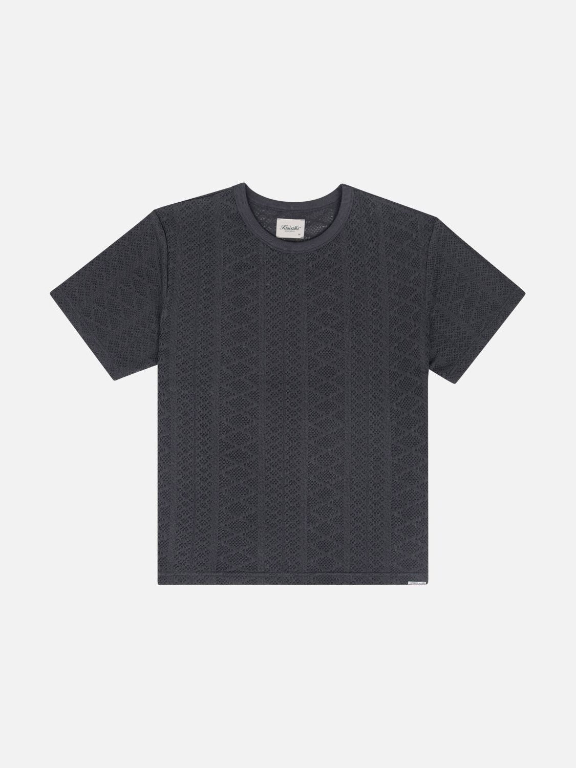 The Kuwalla Crochet Jersey Tee, by Kuwalla, is a dark gray classic-fit short-sleeve T-shirt with a subtle geometric pattern. It features soft, breathable fabric, a round neckline, and a small bottom tag.