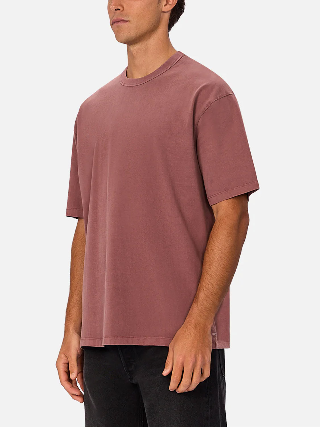 A man wears The Del Sur Tee by Industrie, a relaxed fit crew neck t-shirt in rose, paired with black pants, standing against a plain white background.