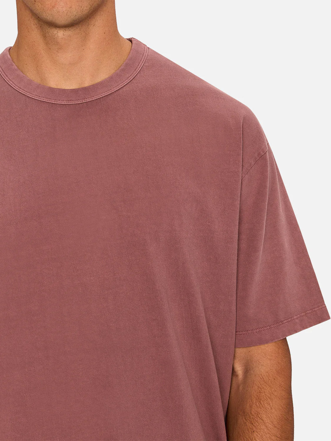 A person wears The Del Sur Tee by Industrie, a relaxed fit, 100% cotton crew neck in mauve. The photo shows only the upper torso and part of the face against a light background.